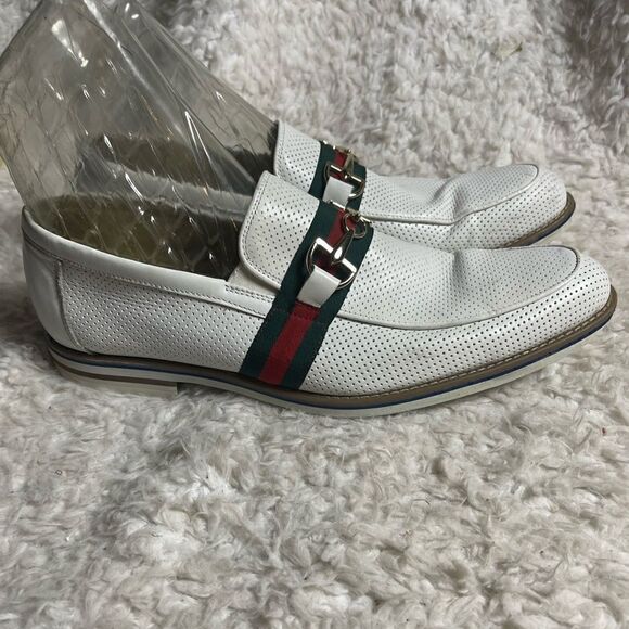 Fratelli White Perforated Leather Gold tone accent Italian Stripe Shoes SZ10M main image 13